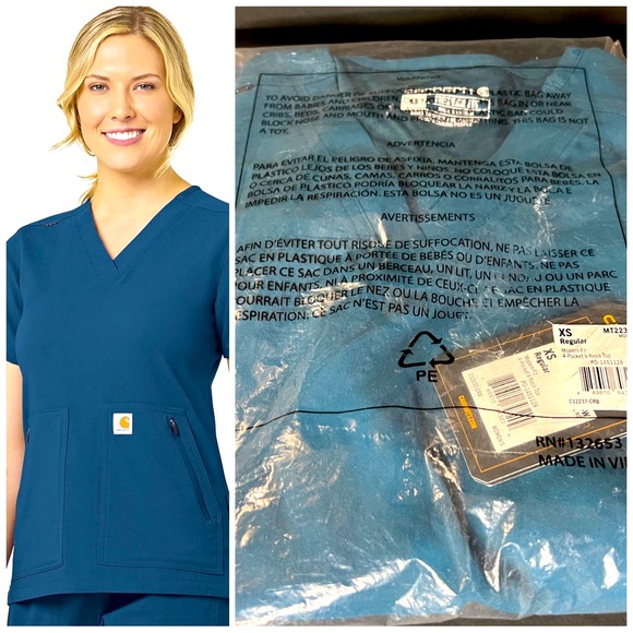 Carhartt Women's XS Pocket V-Neck Scrub Top Caribbean - Picture 1 of 2